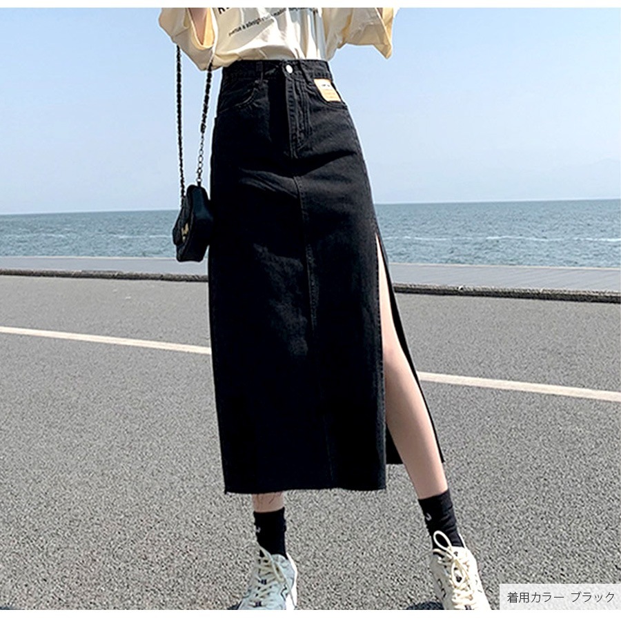 デニムスカート ロング丈 スリット タイトスカート カットオフ ポケット カジュアル シンプル 無地 タグ お出かけ デート 韓国ファッション レディース 新作 春 夏 秋 ブラック 黒 ブルー 青 S M L JOCOSA 9100