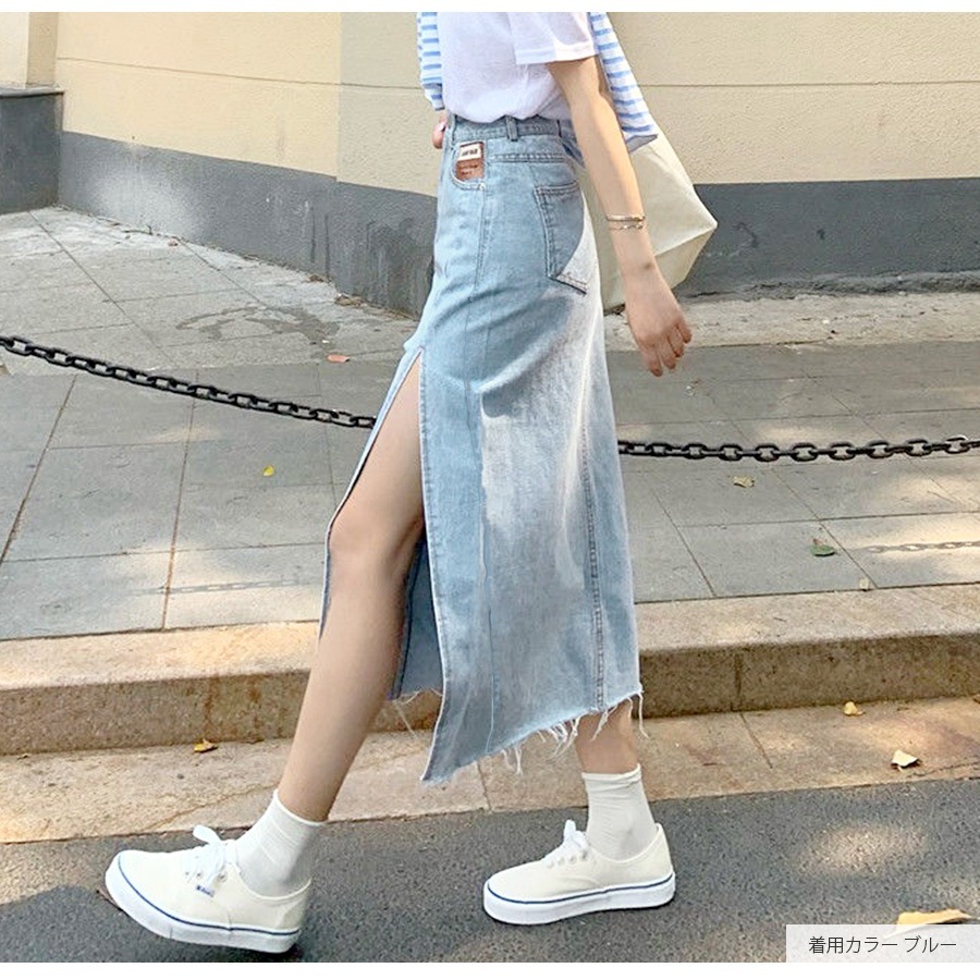 デニムスカート ロング丈 スリット タイトスカート カットオフ ポケット カジュアル シンプル 無地 タグ お出かけ デート 韓国ファッション レディース 新作 春 夏 秋 ブラック 黒 ブルー 青 S M L JOCOSA 9100
