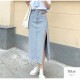 デニムスカート ロング丈 スリット タイトスカート カットオフ ポケット カジュアル シンプル 無地 タグ お出かけ デート 韓国ファッション レディース 新作 春 夏 秋 ブラック 黒 ブルー 青 S M L JOCOSA 9100