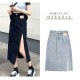 デニムスカート ロング丈 スリット タイトスカート カットオフ ポケット カジュアル シンプル 無地 タグ お出かけ デート 韓国ファッション レディース 新作 春 夏 秋 ブラック 黒 ブルー 青 S M L JOCOSA 9100
