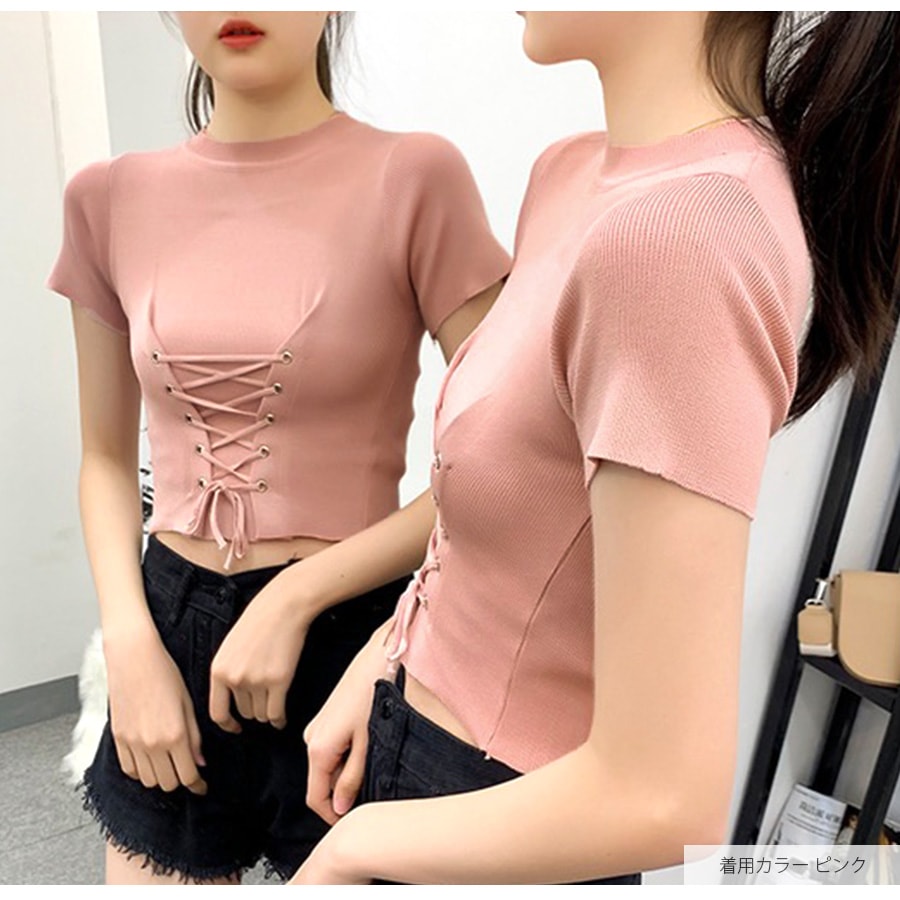 韓国デザイン 夏 半袖ニット トップス 2色 ニット レース 半袖 リブ サマーニット 夏 トップス オフィス