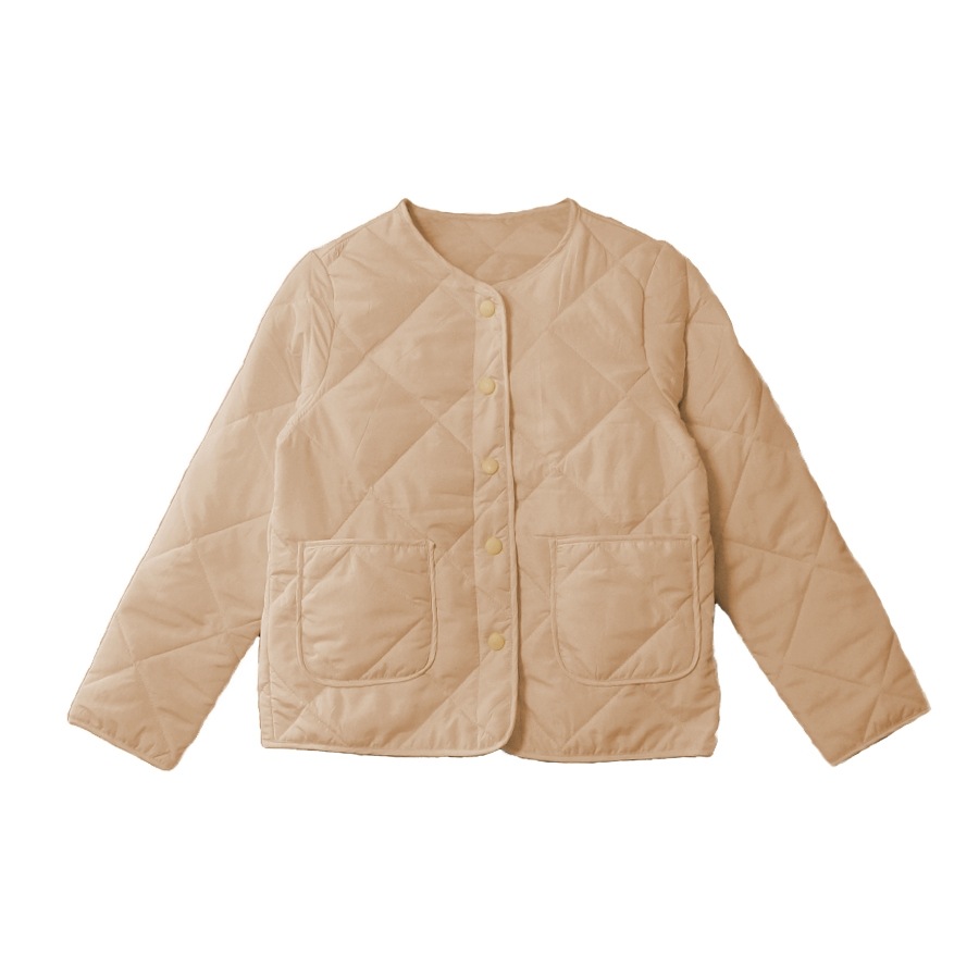 ジャケット ノーカラー キルティング 春 アウター スプリングアウター ブルゾン 長袖 ボタン ポケット コートイン 軽い 韓国ファッション 秋 冬 大人 シンプル カジュアル おしゃれ かわいい レディース ベージュ 茶 S M L JOCOSA 8369