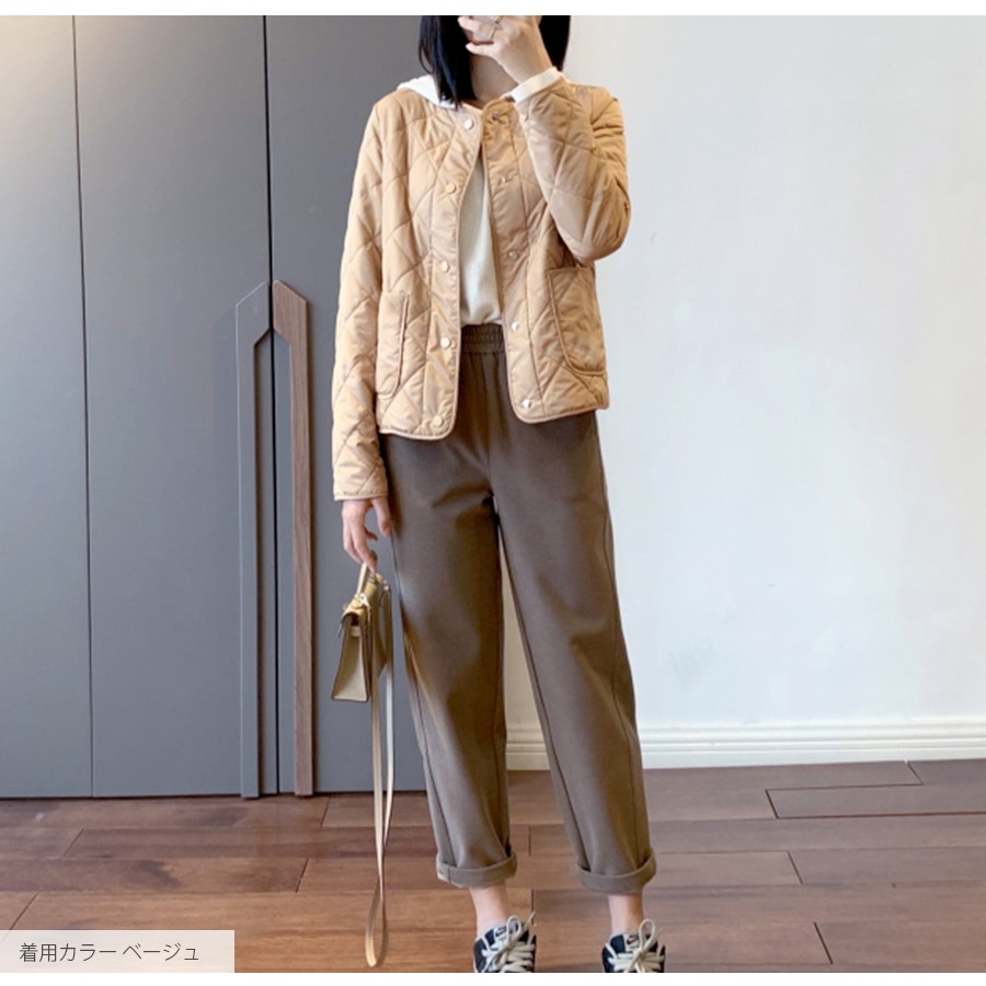 ジャケット ノーカラー キルティング 春 アウター スプリングアウター ブルゾン 長袖 ボタン ポケット コートイン 軽い 韓国ファッション 秋 冬 大人 シンプル カジュアル おしゃれ かわいい レディース ベージュ 茶 S M L JOCOSA 8369