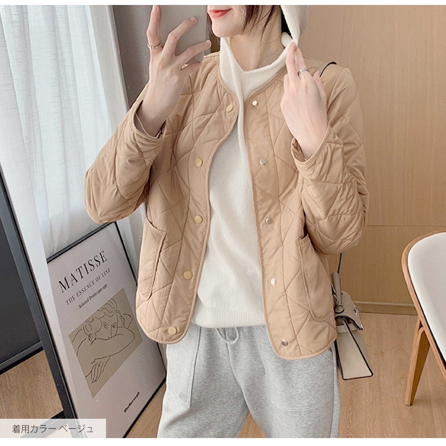 ジャケット ノーカラー キルティング 春 アウター スプリングアウター ブルゾン 長袖 ボタン ポケット コートイン 軽い 韓国ファッション 秋 冬 大人 シンプル カジュアル おしゃれ かわいい レディース ベージュ 茶 S M L JOCOSA 8369