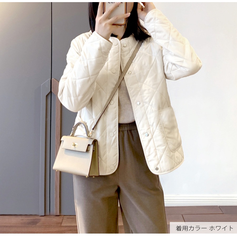 ジャケット ノーカラー キルティング 春 アウター スプリングアウター ブルゾン 長袖 ボタン ポケット コートイン 軽い 韓国ファッション 秋 冬 大人 シンプル カジュアル おしゃれ かわいい レディース ベージュ 茶 S M L JOCOSA 8369