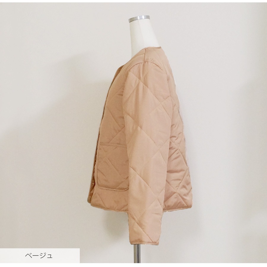 ジャケット ノーカラー キルティング 春 アウター スプリングアウター ブルゾン 長袖 ボタン ポケット コートイン 軽い 韓国ファッション 秋 冬 大人 シンプル カジュアル おしゃれ かわいい レディース ベージュ 茶 S M L JOCOSA 8369