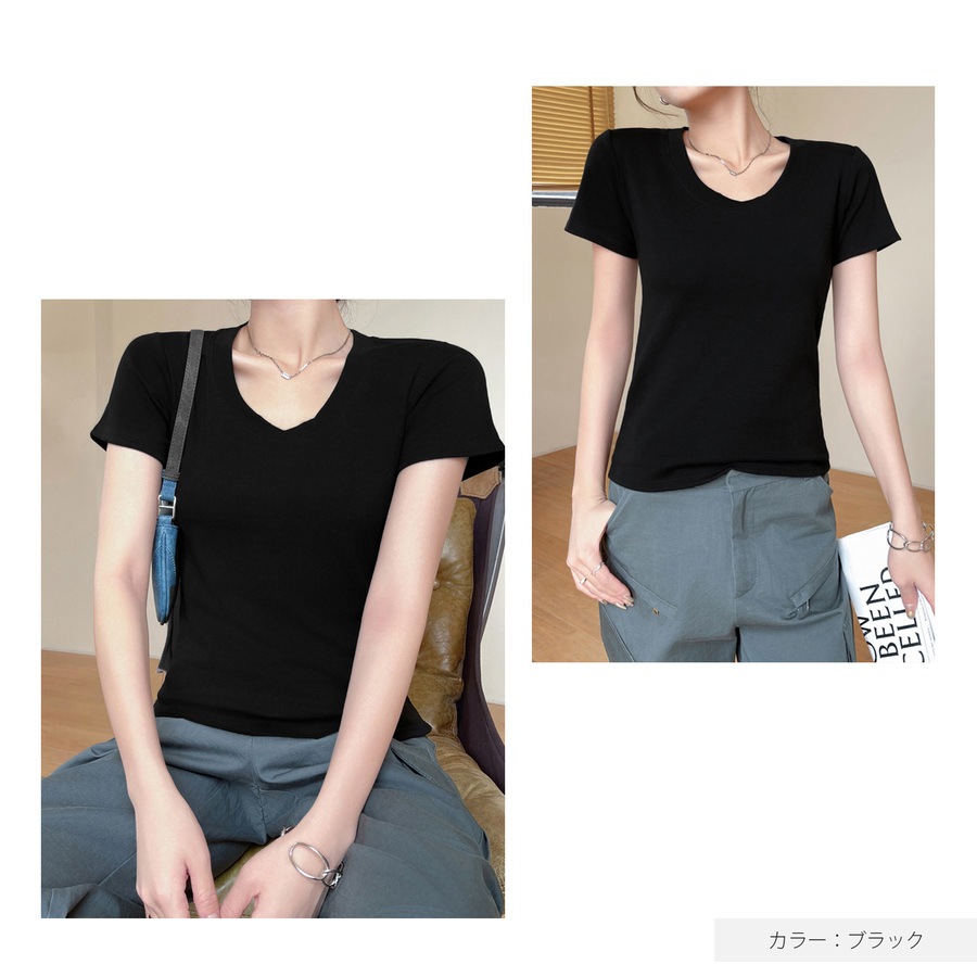 トップス Tシャツ 半袖 薄手 ミディ丈 Uネック 着回し 韓国ファッション レディース SML JOCOSA 7264
