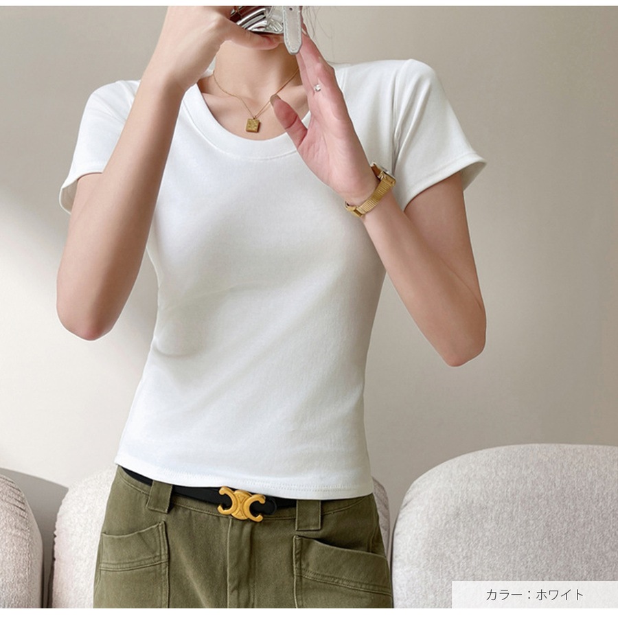 トップス Tシャツ 半袖 薄手 ミディ丈 Uネック 着回し 韓国ファッション レディース SML JOCOSA 7264
