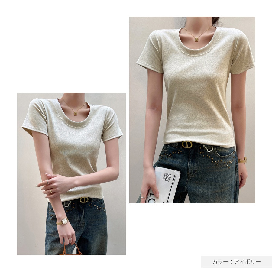 トップス Tシャツ 半袖 薄手 ミディ丈 Uネック 着回し 韓国ファッション レディース SML JOCOSA 7264