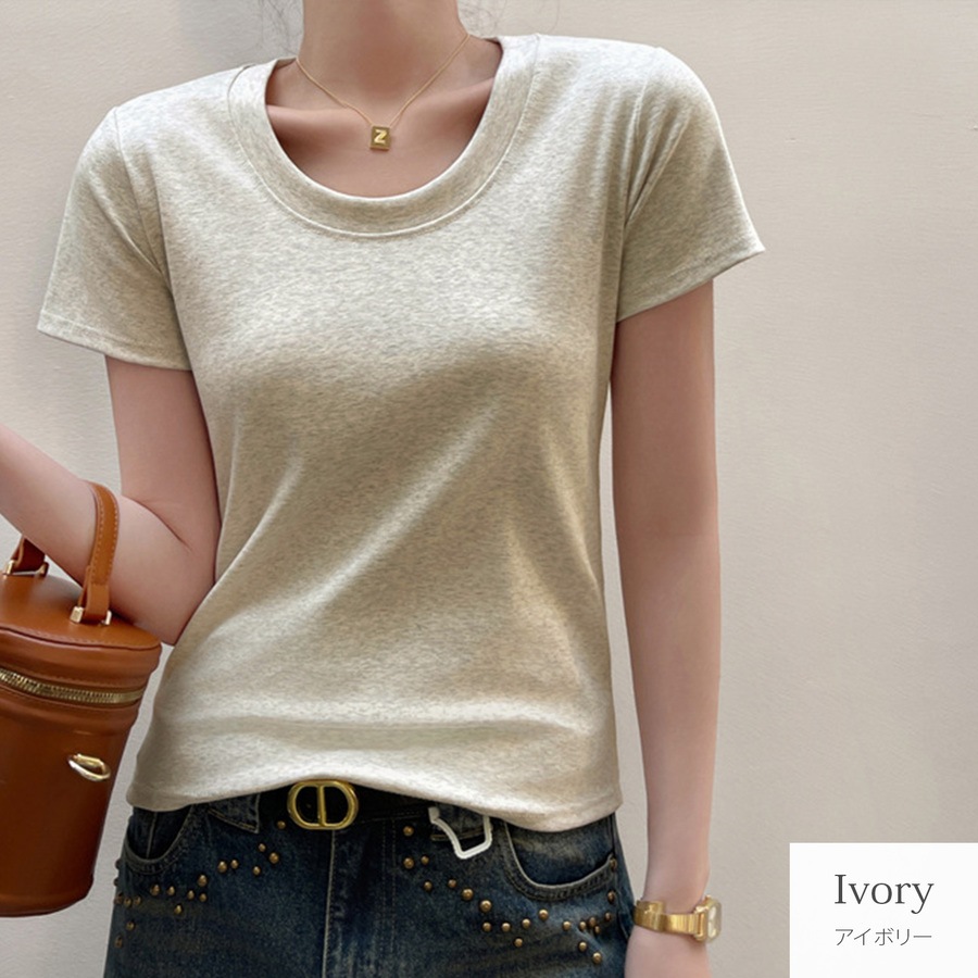 トップス Tシャツ 半袖 薄手 ミディ丈 Uネック 着回し 韓国ファッション レディース SML JOCOSA 7264