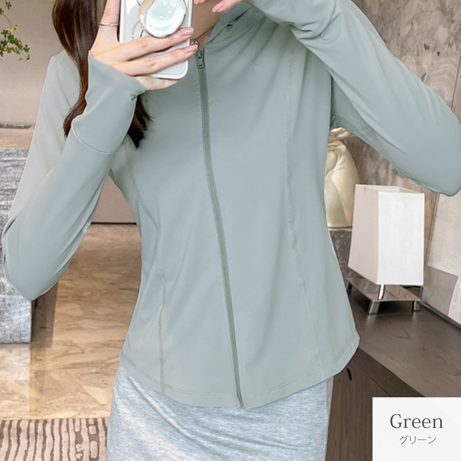 トップス スポーツウェア パーカー 長袖 ミディ丈 ジップアップ UVカット 指穴 薄手 伸縮 韓国ファッション レディース SML JOCOSA 8765