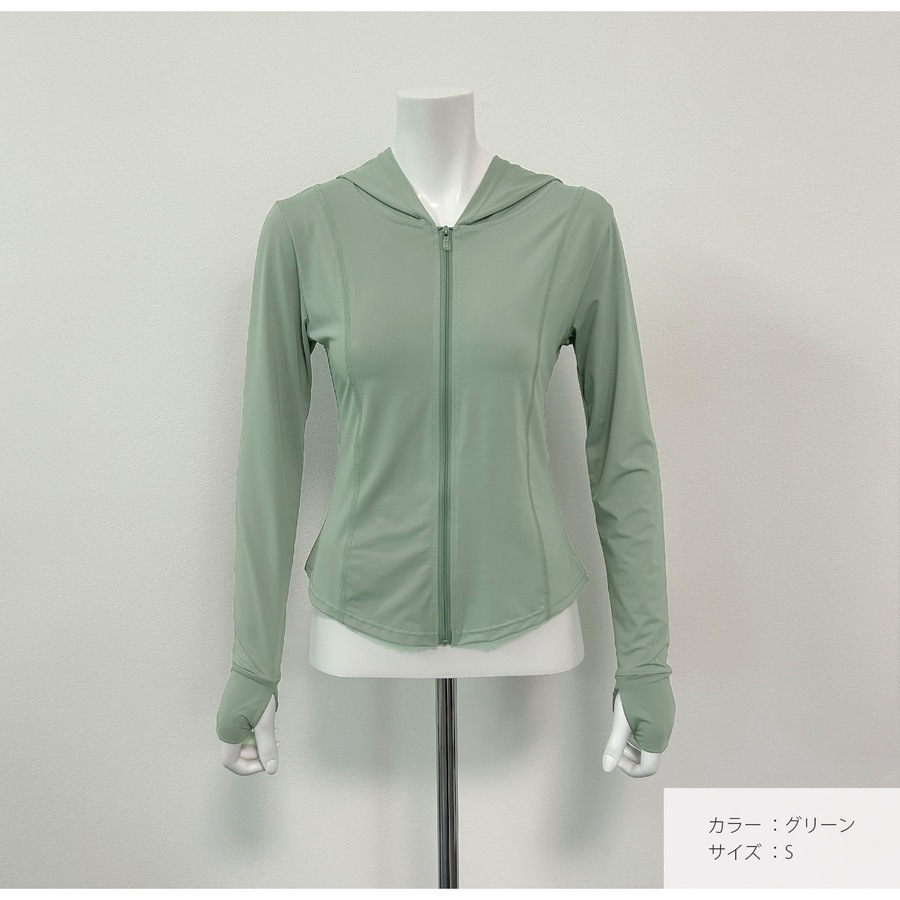 トップス スポーツウェア パーカー 長袖 ミディ丈 ジップアップ UVカット 指穴 薄手 伸縮 韓国ファッション レディース SML JOCOSA 8765