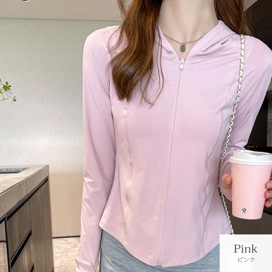 トップス スポーツウェア パーカー 長袖 ミディ丈 ジップアップ UVカット 指穴 薄手 伸縮 韓国ファッション レディース SML JOCOSA 8765