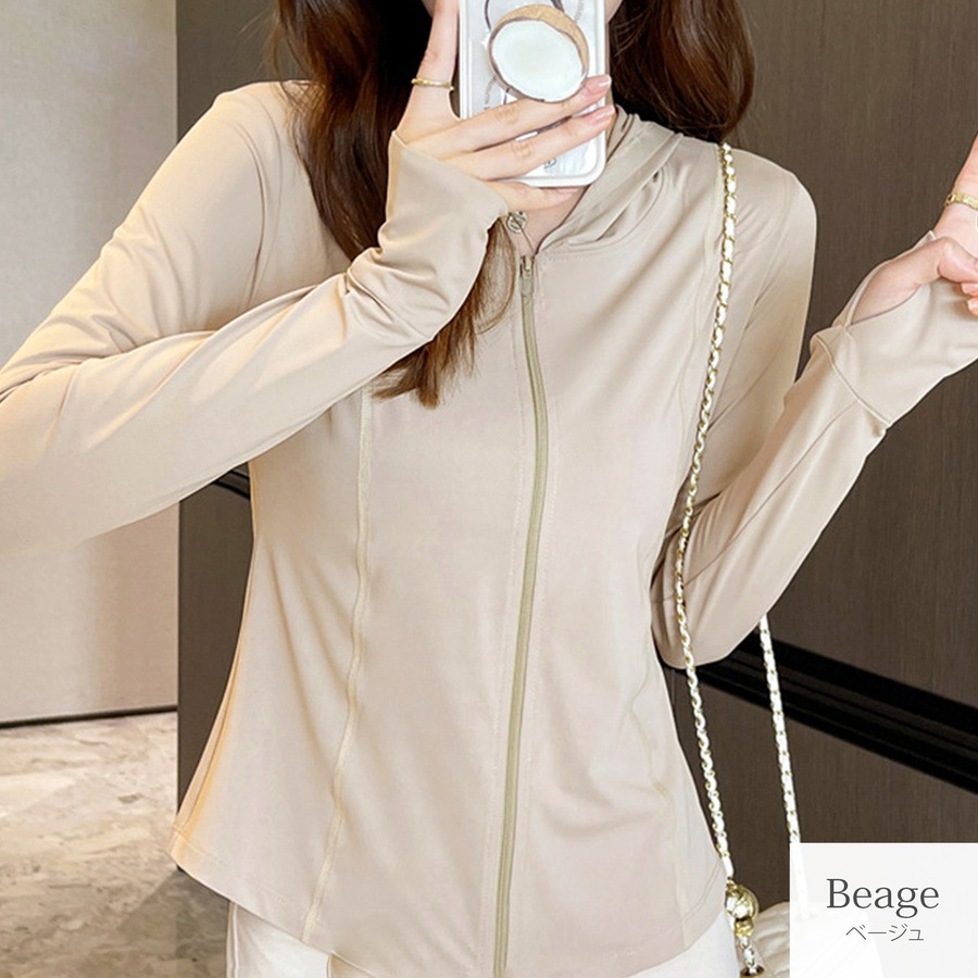 トップス スポーツウェア パーカー 長袖 ミディ丈 ジップアップ UVカット 指穴 薄手 伸縮 韓国ファッション レディース SML JOCOSA 8765