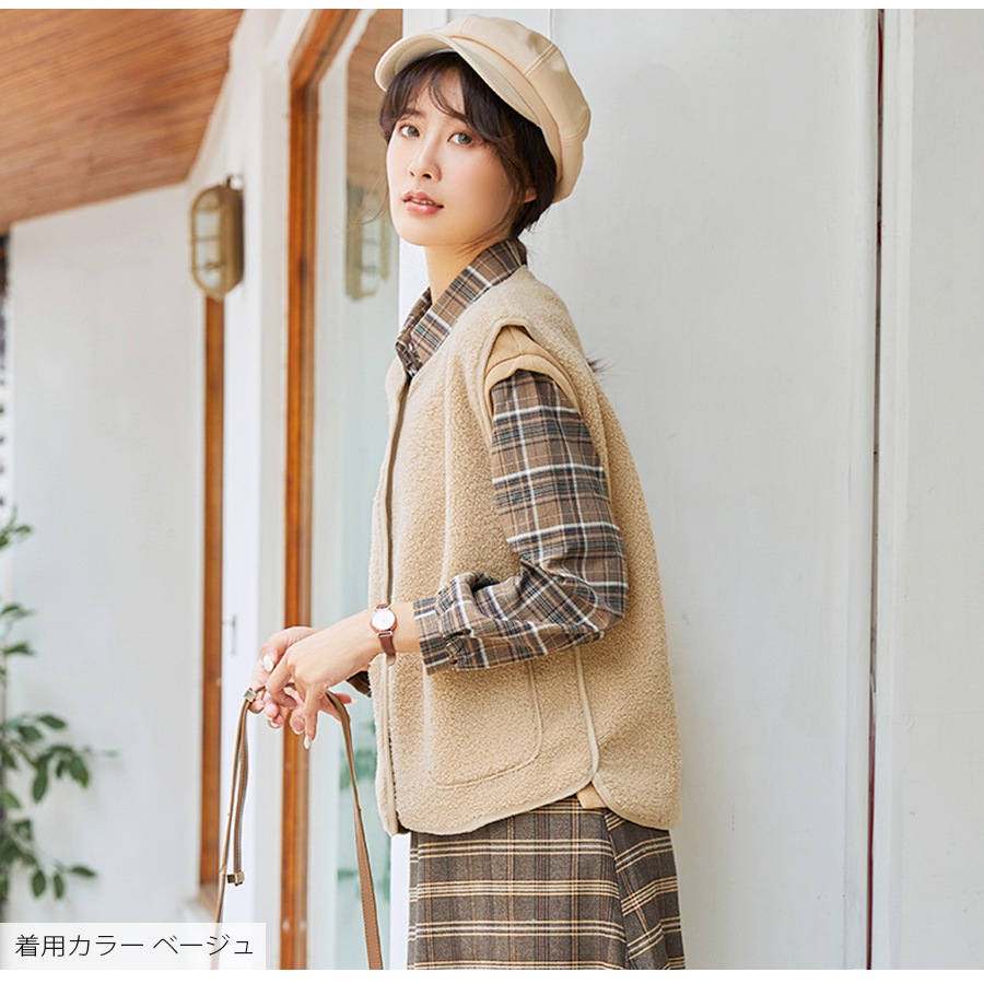 ベスト ノーカラー ボア 春 アウター スプリングアウター ファスナー ポケット 韓国ファッション 秋 冬 もこもこ 大人 シンプル カジュアル おしゃれ かわいい レディース 春 新作 ブラック 黒 ベージュ 茶 ブラウン S M L JOCOSA 8370