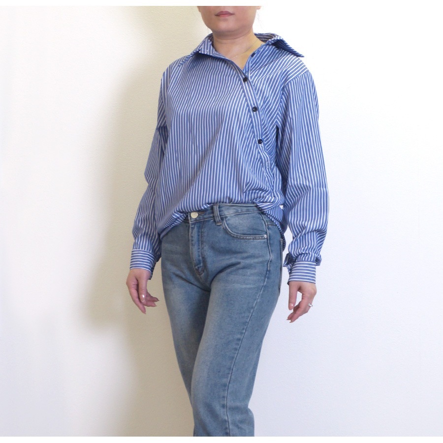 ブラウス 長袖 ストライプ 斜め ボタン アシンメトリー トップス