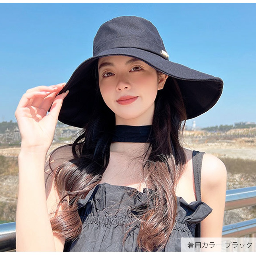つば広ハット ワイヤー入り 小顔効果 女優帽 日よけ UVケア バケットハット 帽子 ロゴ リボン 春 韓国ファッション 無地 シンプル 大人 紫外線対策 アウトドア キャンプ 海 リゾート 旅行 夏 ブラック ピンク ベージュ ブルー イエロー アイボリー フリーサイズ JOCOSA 9415