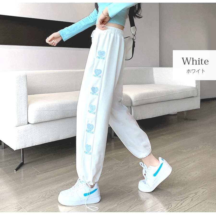 裏起毛パンツ 2way ジョガーパンツ ストレートパンツ ルームウェア パジャマ スウェット パンツ 部屋着 ジャージ サイドライン 刺繍 ハート ロング丈 ストレート ポケット 韓国ファッション レディース 新作 春 秋 冬 ブラック ホワイト グレー M L XL JOCOSA 9112