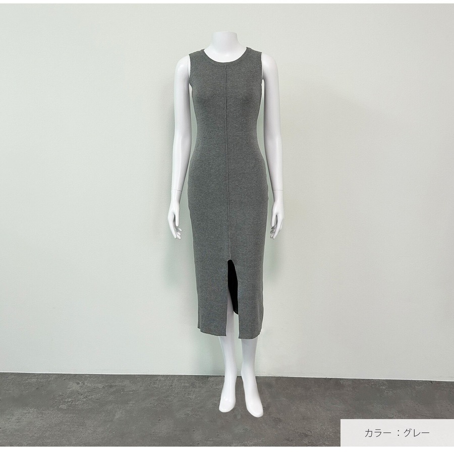 ワンピース ノースリーブ スリット ライン タイト ロング ラウンドネック フリーサイズ 春服 夏服 韓国 JOCOSA 5009