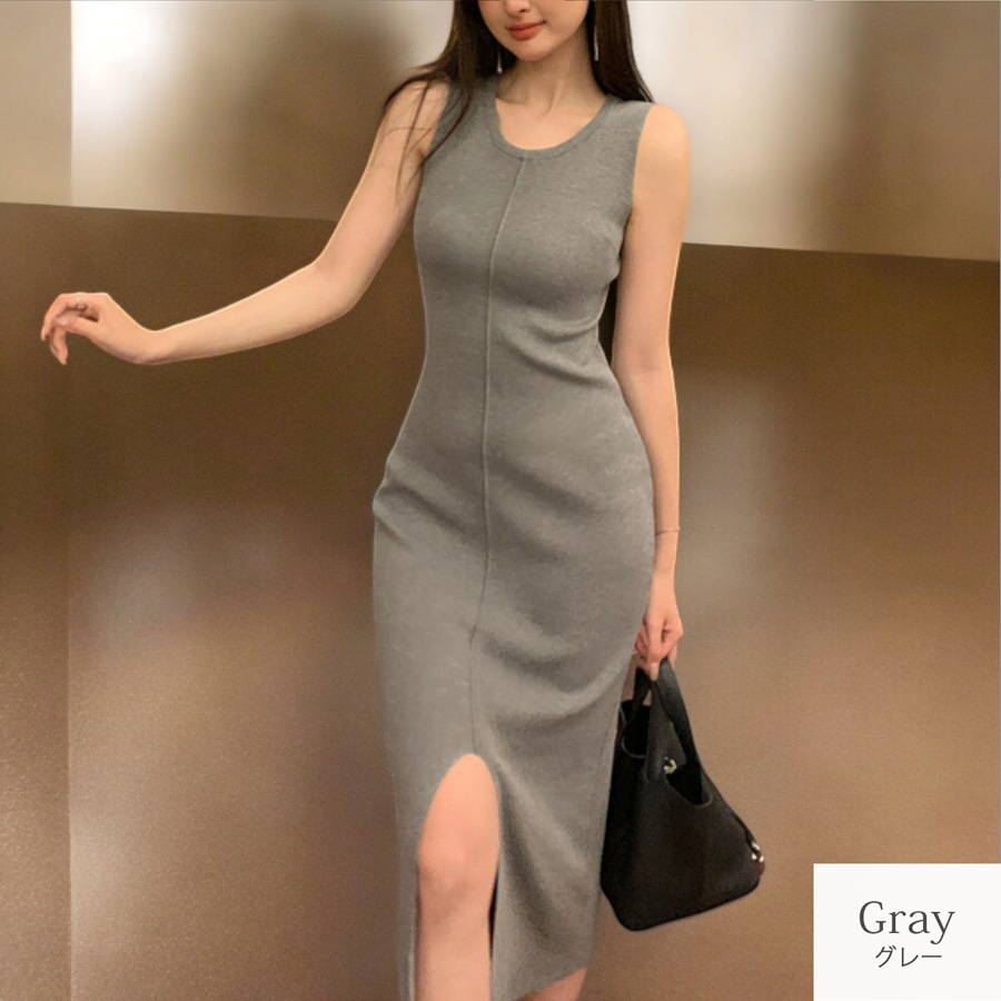 ワンピース ノースリーブ スリット ライン タイト ロング ラウンドネック フリーサイズ 春服 夏服 韓国 JOCOSA 5009