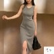 ワンピース ノースリーブ スリット ライン タイト ロング ラウンドネック フリーサイズ 春服 夏服 韓国 JOCOSA 5009