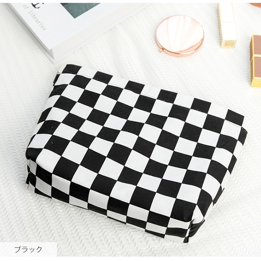 化粧ポーチ 小物入れ 格子柄 ブロックチェック メイクポーチ キャンバス 携帯用 サニタリーケース 生理用品 衛生用品 ナプキンポーチ 収納 シンプル 春 夏 秋 冬 新作 ブラック 黒 ホワイト 白 JOCOSA 9038