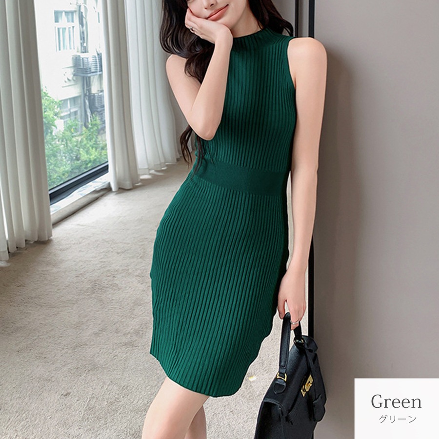 ワンピース ニット ノースリーブ ウエストマーク タイト ミニ ボトルネック フリーサイズ 春服 夏服 韓国 JOCOSA 5010