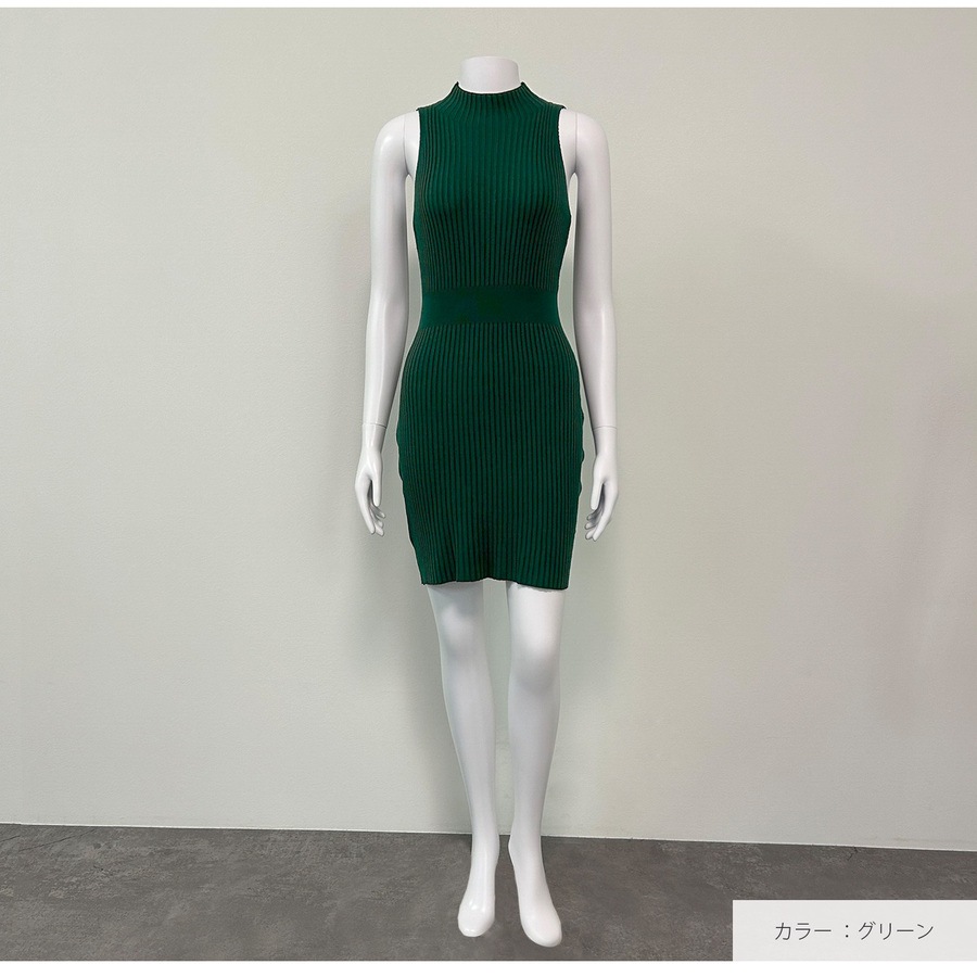 ワンピース ニット ノースリーブ ウエストマーク タイト ミニ ボトルネック フリーサイズ 春服 夏服 韓国 JOCOSA 5010