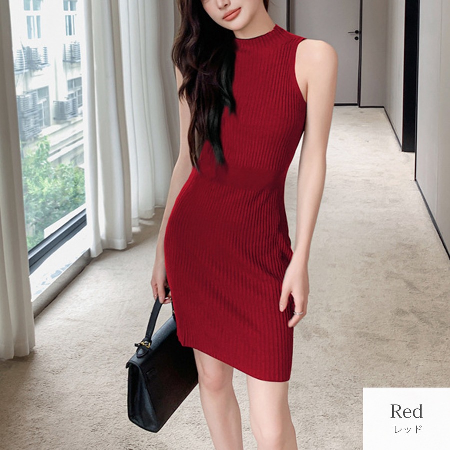 ワンピース ニット ノースリーブ ウエストマーク タイト ミニ ボトルネック フリーサイズ 春服 夏服 韓国 JOCOSA 5010