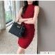 ワンピース ニット ノースリーブ ウエストマーク タイト ミニ ボトルネック フリーサイズ 春服 夏服 韓国 JOCOSA 5010