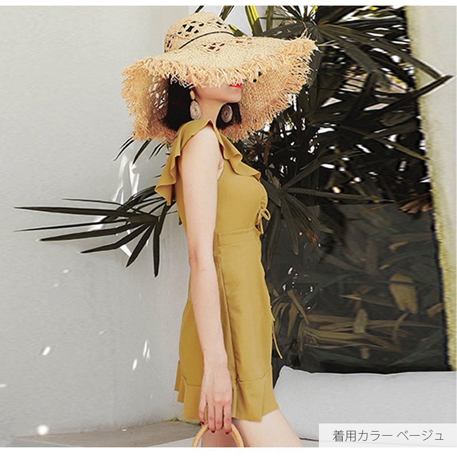 水着 ワンピース オールインワン ノースリーブ フリル ギャザー キーホール パッド付き Vネック 体型カバー ショートパンツ 一体型 シンプル 韓国ファッション レディース 春 夏 新作 ブラック 黒 ベージュ M L JOCOSA 9808