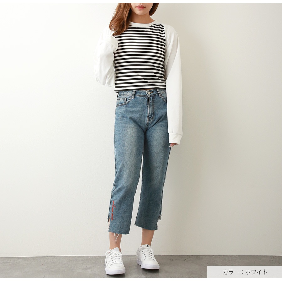 レイヤード風 ボーダー ドッキングトップス 長袖 タンクトップ カットソー トップス 韓国ファッション レディース 春 夏 秋 新作 ブラック　ホワイト M L XL JOCOSA 7201