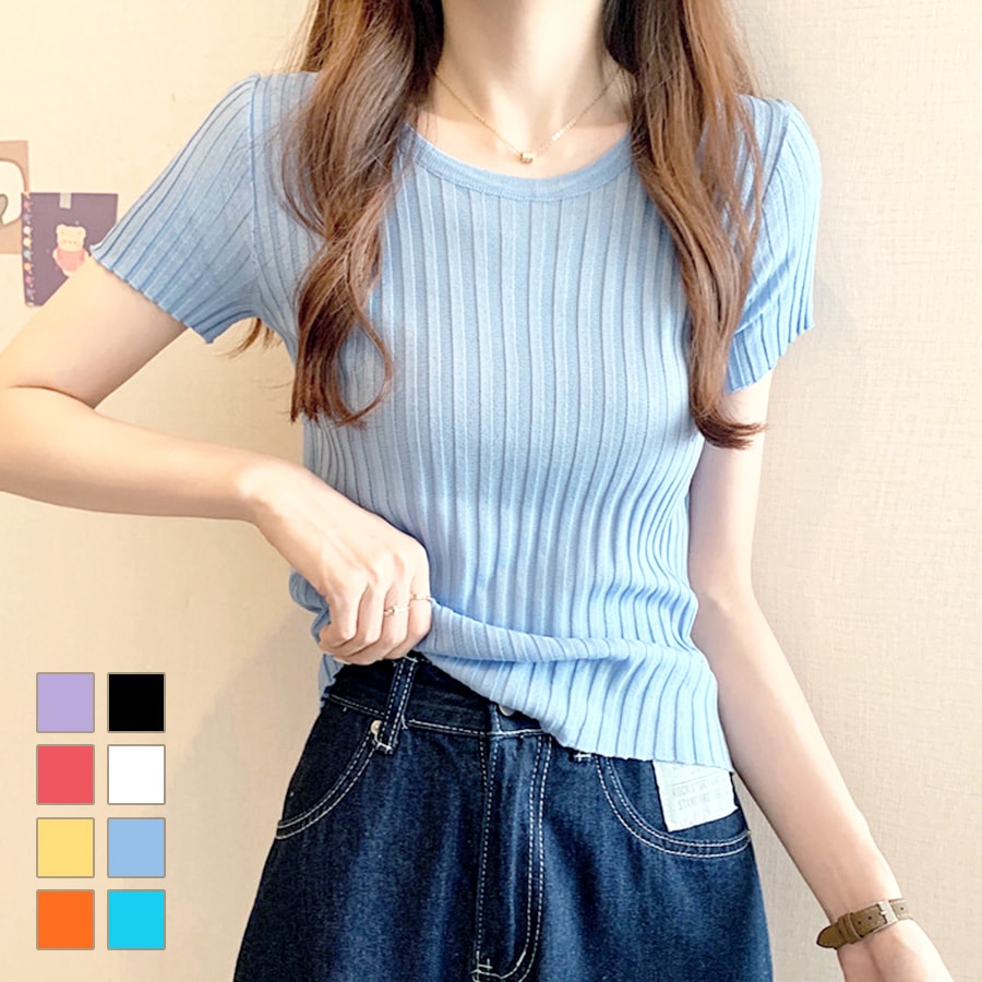 ニット リブ 半袖 サマーニット 春 無地 ラウンドネック トップス オフィスカジュアル カジュアル ストリート 韓国ファッション 大人 レディース 夏 秋 ブラック ホワイト ブルー ターコイズブルー ラベンダー ローズレッド イエロー オレンジ フリーサイズ JOCOSA 7107