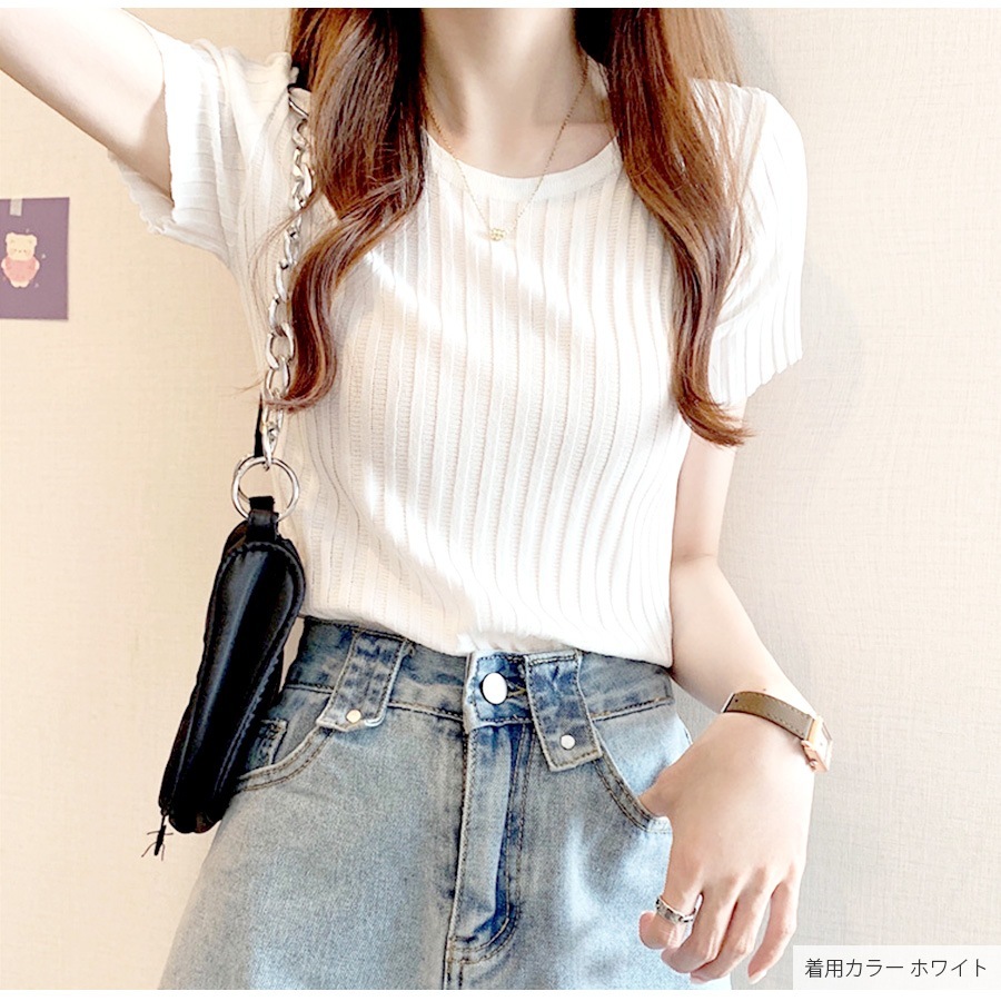 ニット リブ 半袖 サマーニット 春 無地 ラウンドネック トップス オフィスカジュアル カジュアル ストリート 韓国ファッション 大人 レディース 夏 秋 ブラック ホワイト ブルー ターコイズブルー ラベンダー ローズレッド イエロー オレンジ フリーサイズ JOCOSA 7107