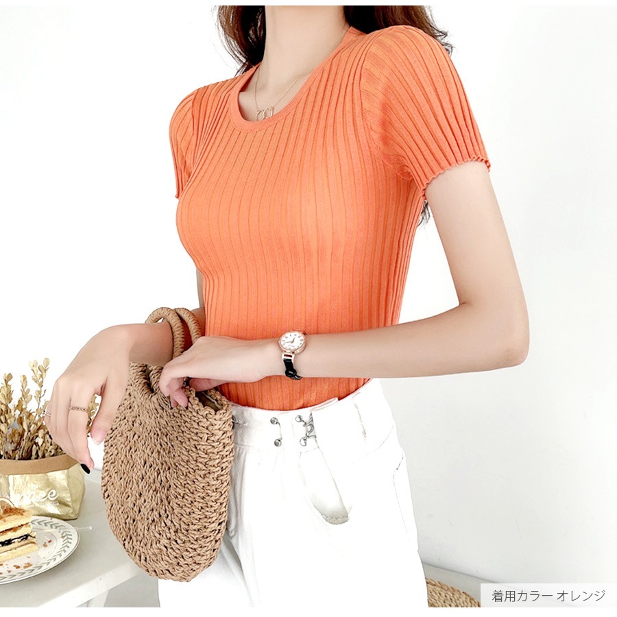 ニット リブ 半袖 サマーニット 春 無地 ラウンドネック トップス オフィスカジュアル カジュアル ストリート 韓国ファッション 大人 レディース 夏 秋 ブラック ホワイト ブルー ターコイズブルー ラベンダー ローズレッド イエロー オレンジ フリーサイズ JOCOSA 7107