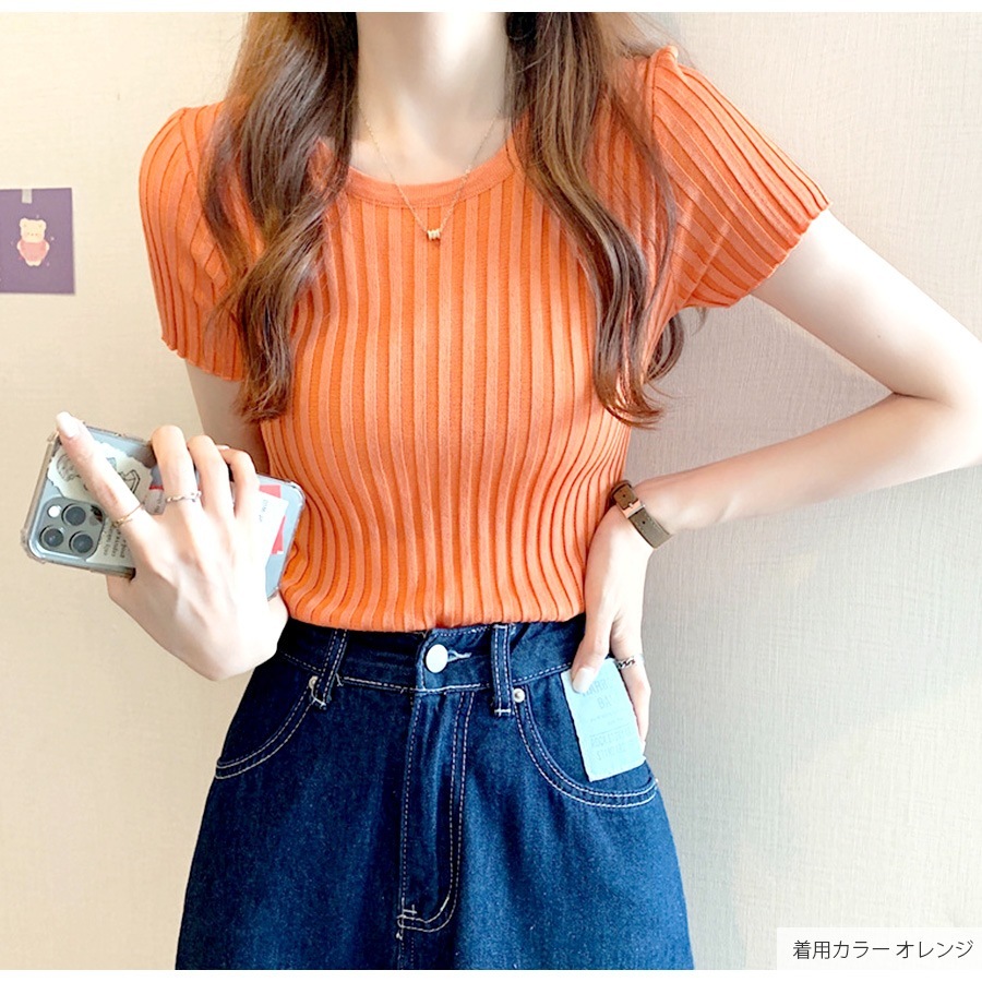ニット リブ 半袖 サマーニット 春 無地 ラウンドネック トップス オフィスカジュアル カジュアル ストリート 韓国ファッション 大人 レディース 夏 秋 ブラック ホワイト ブルー ターコイズブルー ラベンダー ローズレッド イエロー オレンジ フリーサイズ JOCOSA 7107