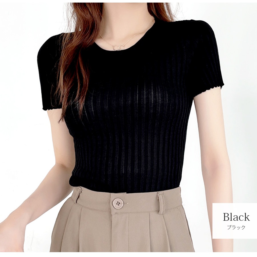 ニット リブ 半袖 サマーニット 春 無地 ラウンドネック トップス オフィスカジュアル カジュアル ストリート 韓国ファッション 大人 レディース 夏 秋 ブラック ホワイト ブルー ターコイズブルー ラベンダー ローズレッド イエロー オレンジ フリーサイズ JOCOSA 7107
