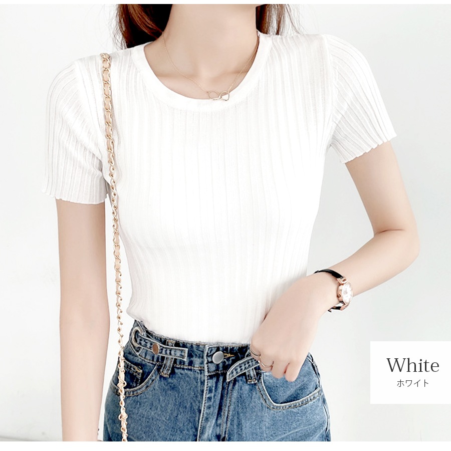 ニット リブ 半袖 サマーニット 春 無地 ラウンドネック トップス オフィスカジュアル カジュアル ストリート 韓国ファッション 大人 レディース 夏 秋 ブラック ホワイト ブルー ターコイズブルー ラベンダー ローズレッド イエロー オレンジ フリーサイズ JOCOSA 7107