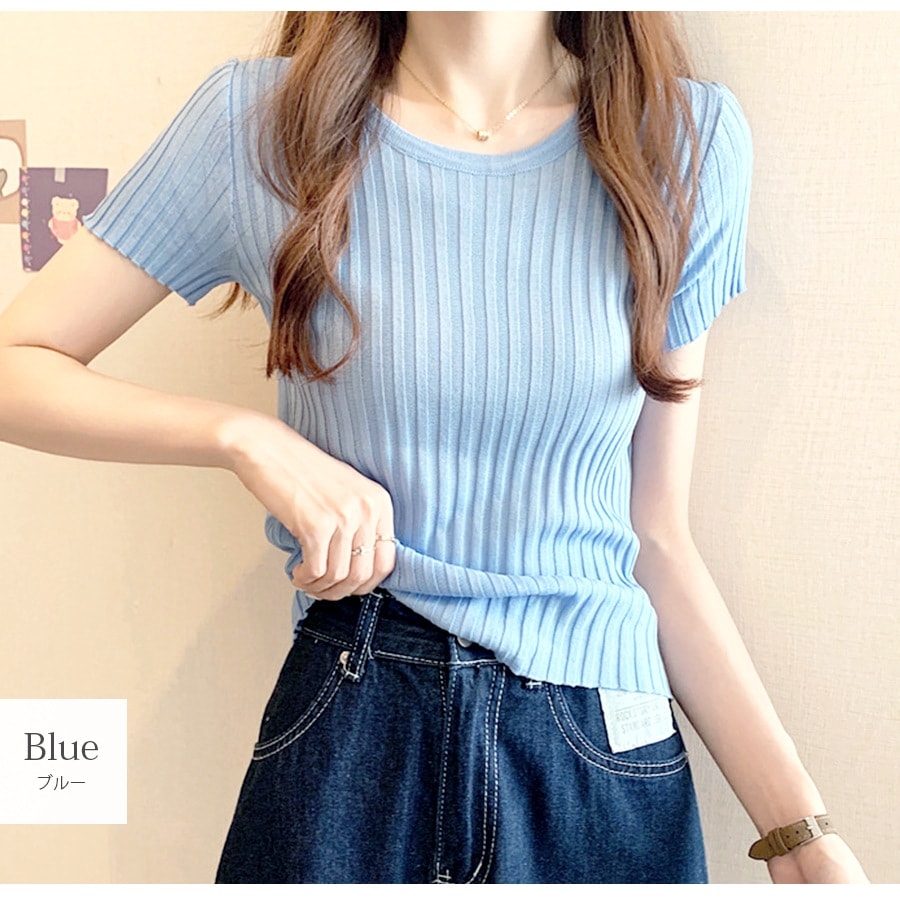 ニット リブ 半袖 サマーニット 春 無地 ラウンドネック トップス オフィスカジュアル カジュアル ストリート 韓国ファッション 大人 レディース 夏 秋 ブラック ホワイト ブルー ターコイズブルー ラベンダー ローズレッド イエロー オレンジ フリーサイズ JOCOSA 7107