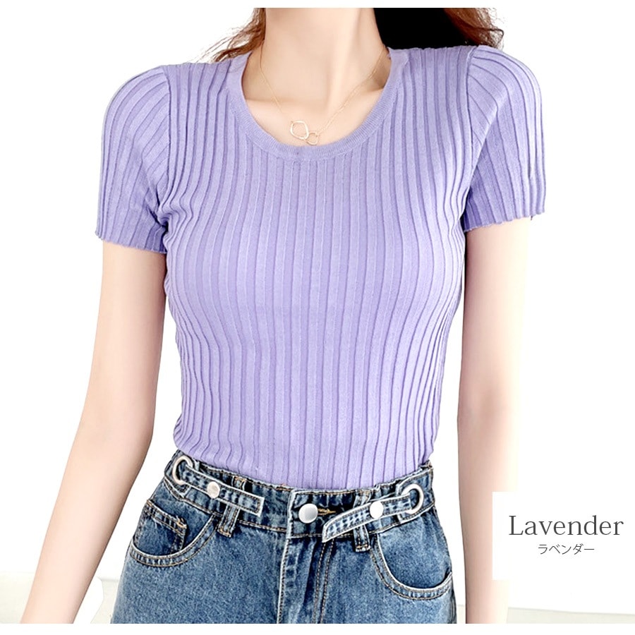 ニット リブ 半袖 サマーニット 春 無地 ラウンドネック トップス オフィスカジュアル カジュアル ストリート 韓国ファッション 大人 レディース 夏 秋 ブラック ホワイト ブルー ターコイズブルー ラベンダー ローズレッド イエロー オレンジ フリーサイズ JOCOSA 7107