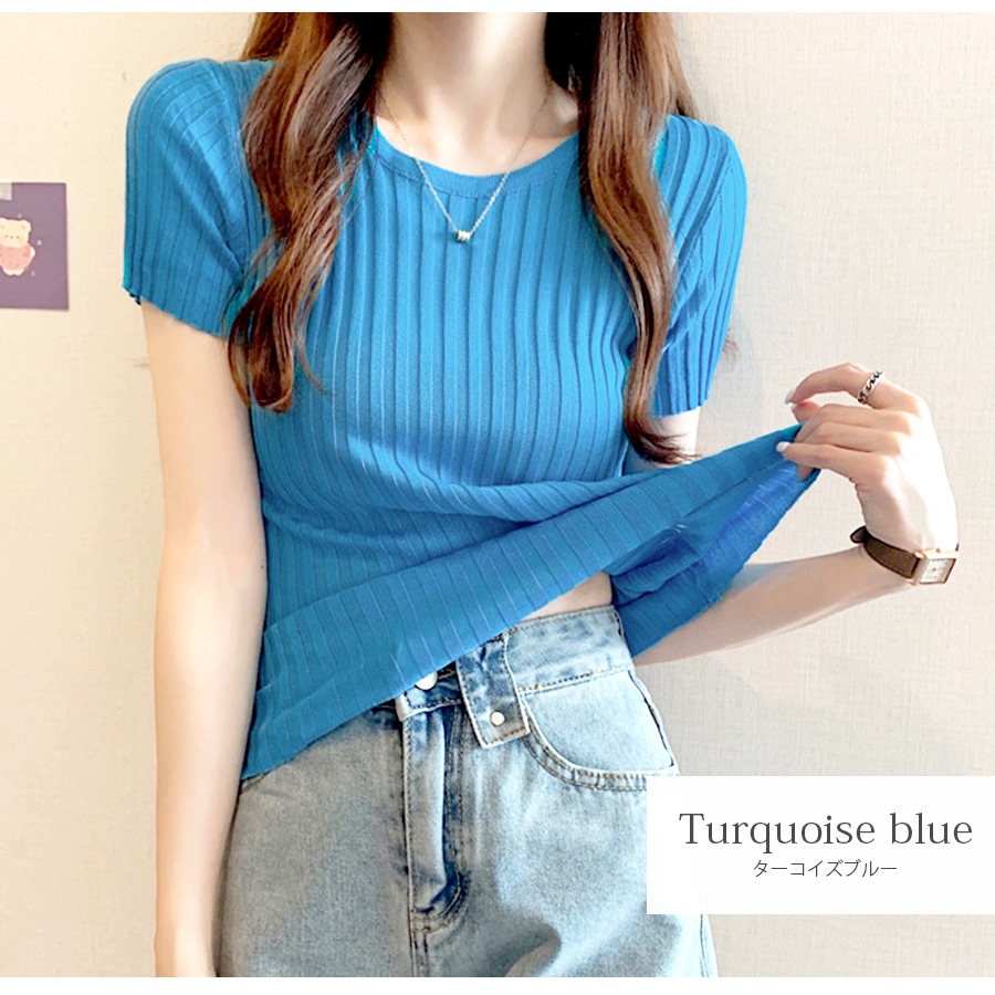 ニット リブ 半袖 サマーニット 春 無地 ラウンドネック トップス オフィスカジュアル カジュアル ストリート 韓国ファッション 大人 レディース 夏 秋 ブラック ホワイト ブルー ターコイズブルー ラベンダー ローズレッド イエロー オレンジ フリーサイズ JOCOSA 7107