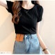 ニット リブ 半袖 サマーニット 春 無地 ラウンドネック トップス オフィスカジュアル カジュアル ストリート 韓国ファッション 大人 レディース 夏 秋 ブラック ホワイト ブルー ターコイズブルー ラベンダー ローズレッド イエロー オレンジ フリーサイズ JOCOSA 7107