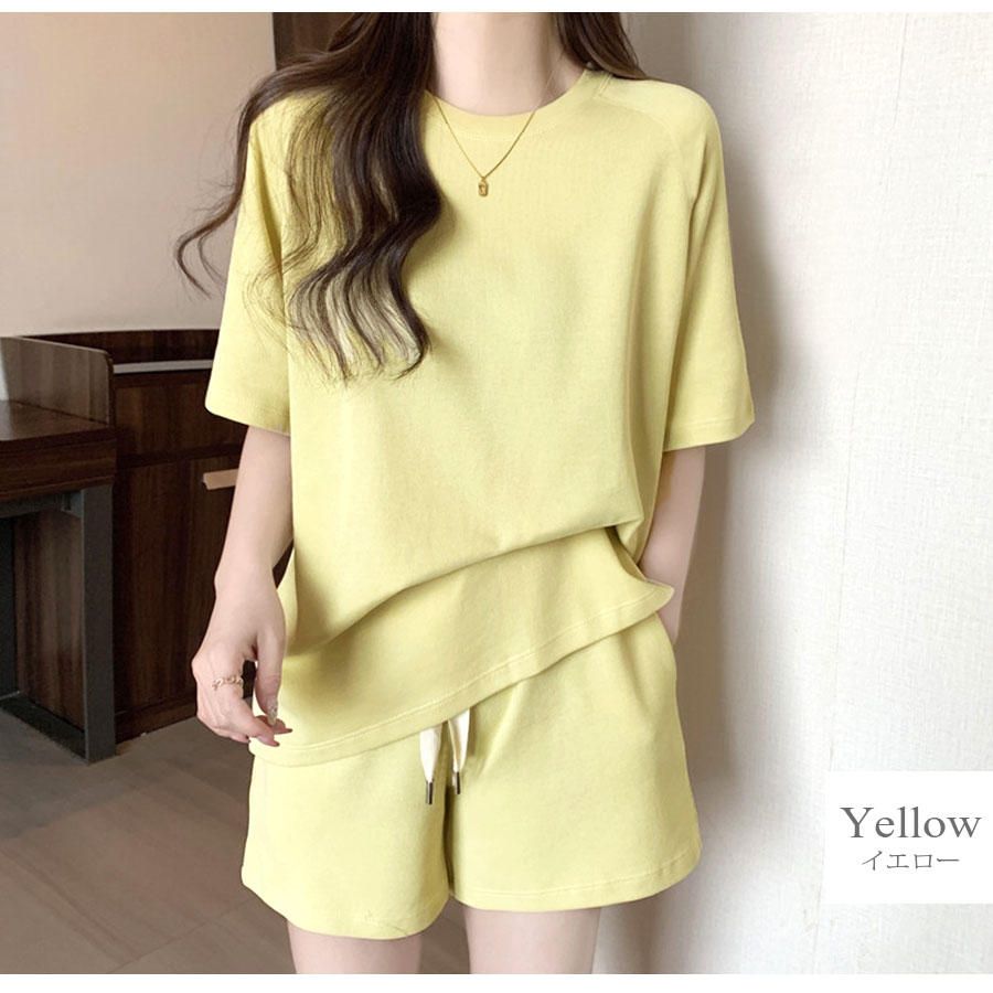 ルームウェア パジャマ 部屋着 韓国ファッション 半袖 トップス ショートパンツ ウエストゴム セットアップ 上下セット ストリート 大人 おしゃれ ワンマイルウェア 春 夏 秋 新作 レディース グレー 灰 ネイビー 紺 イエロー 黄色 M L XL JOCOSA 6204