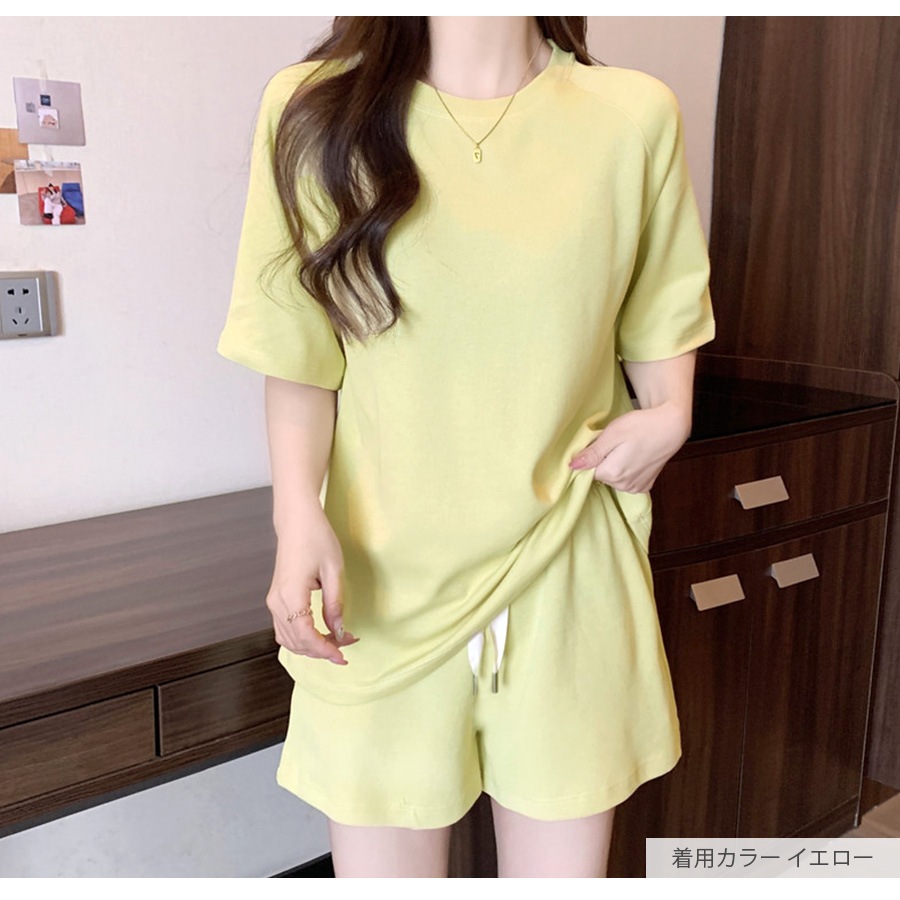 ルームウェア パジャマ 部屋着 韓国ファッション 半袖 トップス ショートパンツ ウエストゴム セットアップ 上下セット ストリート 大人 おしゃれ ワンマイルウェア 春 夏 秋 新作 レディース グレー 灰 ネイビー 紺 イエロー 黄色 M L XL JOCOSA 6204