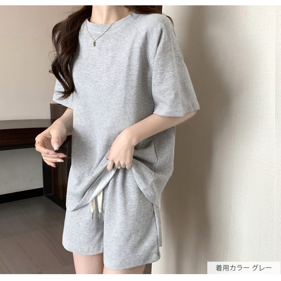 ルームウェア パジャマ 部屋着 韓国ファッション 半袖 トップス ショートパンツ ウエストゴム セットアップ 上下セット ストリート 大人 おしゃれ ワンマイルウェア 春 夏 秋 新作 レディース グレー 灰 ネイビー 紺 イエロー 黄色 M L XL JOCOSA 6204