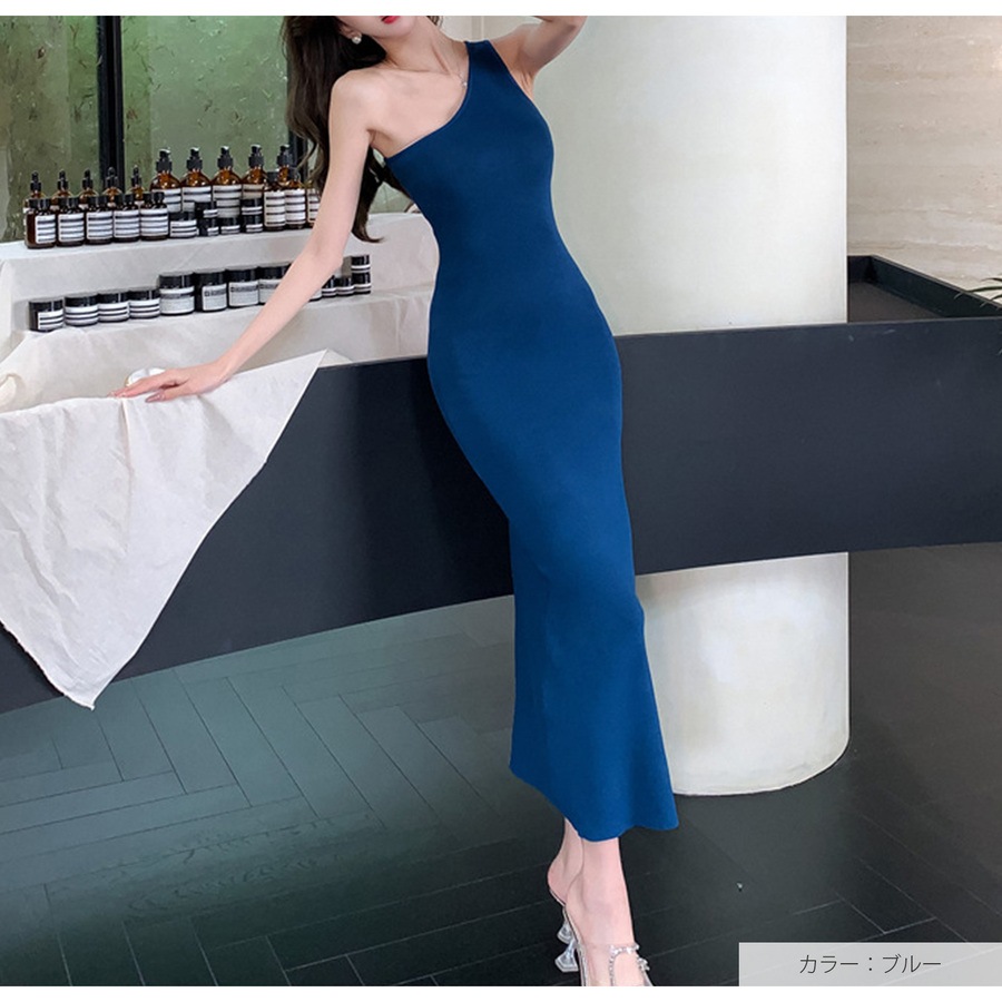 ワンピース ニット ノースリーブ アシンメトリー タイト ロング フリーサイズ 春服 夏服 韓国 JOCOSA 5011