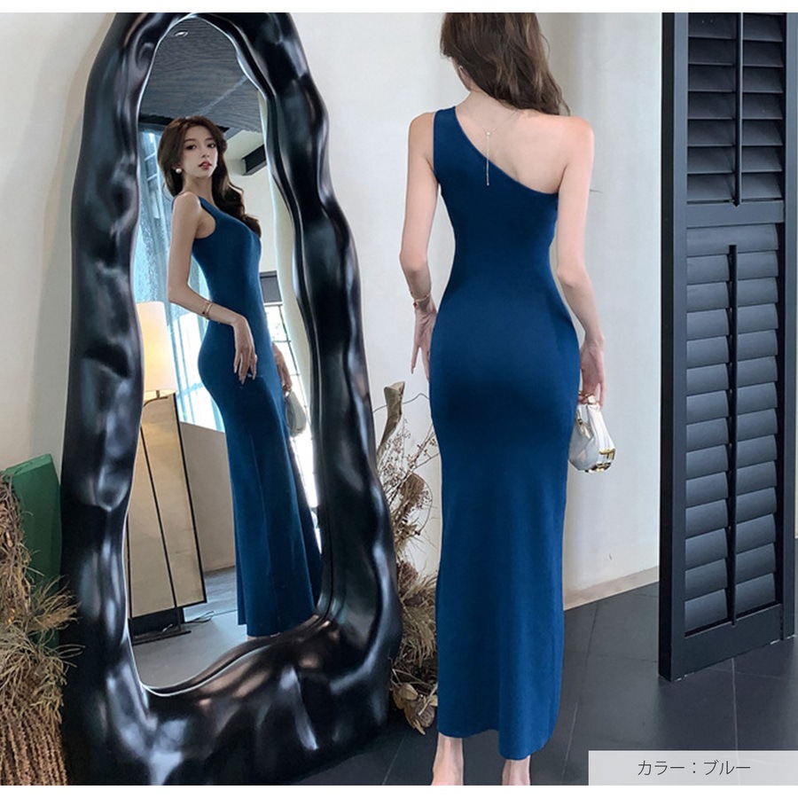 ワンピース ニット ノースリーブ アシンメトリー タイト ロング フリーサイズ 春服 夏服 韓国 JOCOSA 5011