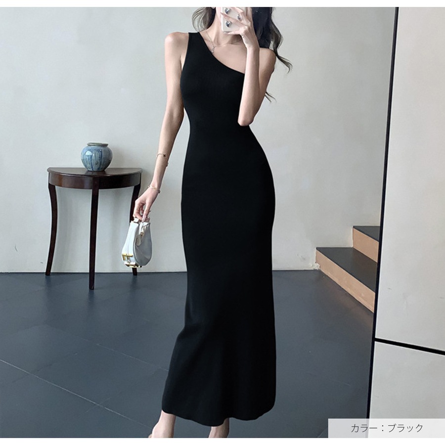 ワンピース ニット ノースリーブ アシンメトリー タイト ロング フリーサイズ 春服 夏服 韓国 JOCOSA 5011