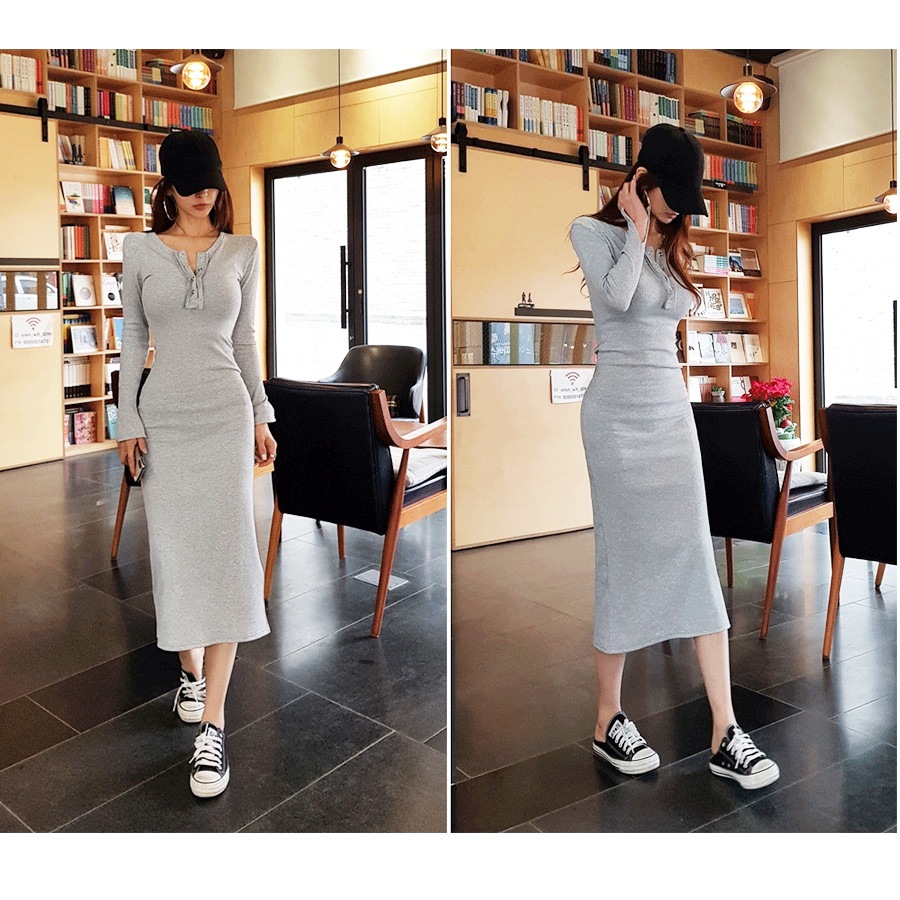 ワンピース レディース ロング 長袖 細リブ スリット 前ボタン 切りっぱなし タイト ミモレ丈 薄手 春 夏 秋 冬 シンプルセクシー ブラック 黒 カーキ ネイビー グレー JOCOSA 8825 送料無料 即納