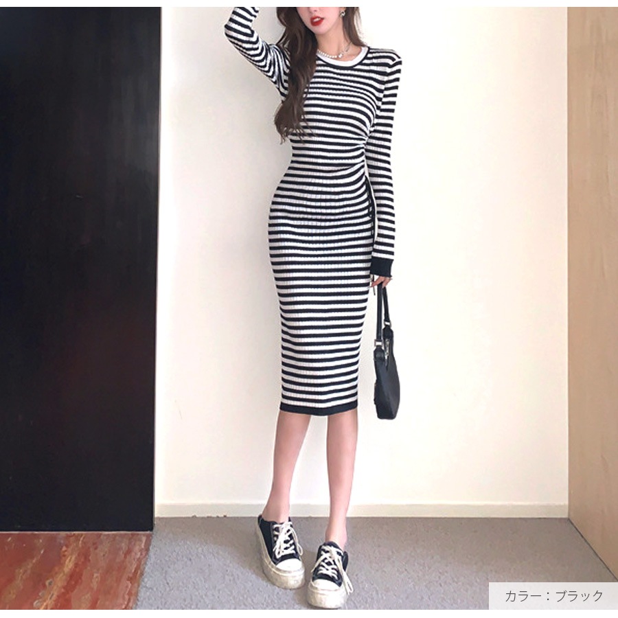 ニットワンピース ボーダー ギャザー ウエストリボン ひざ下丈 長袖　ラウンドネック レディース 春 秋 冬 新作 ブラック グリーン フリーサイズ JOCOSA 9291
